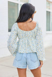 Kileigh Blue Floral Long Sleeve Babydoll Top