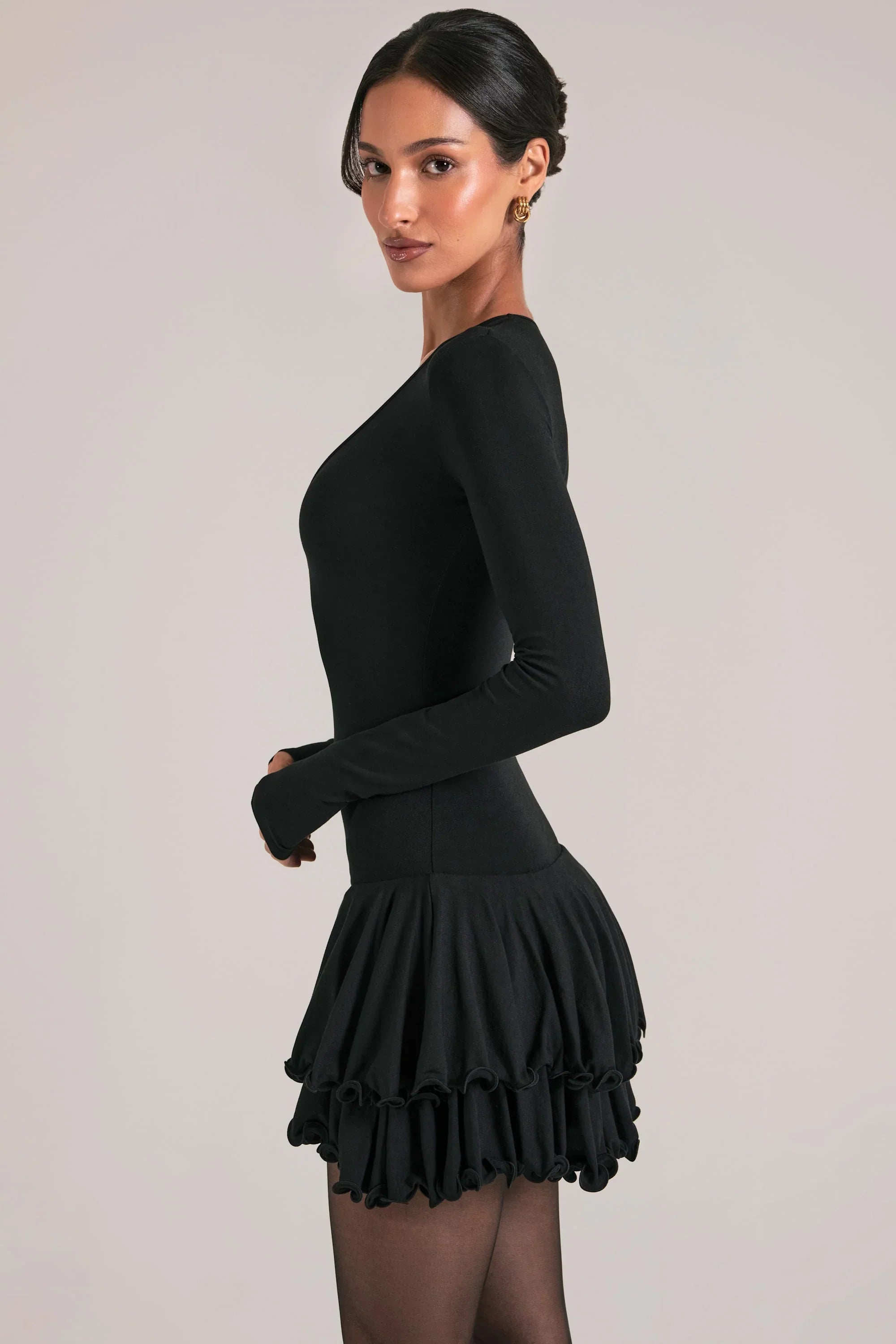 V Neck Ruffle Skirt Mini Dress in Black