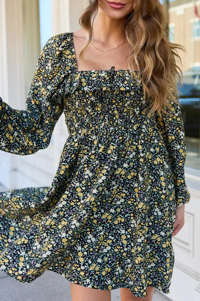 Sophia Black Floral Smocked Top Dress