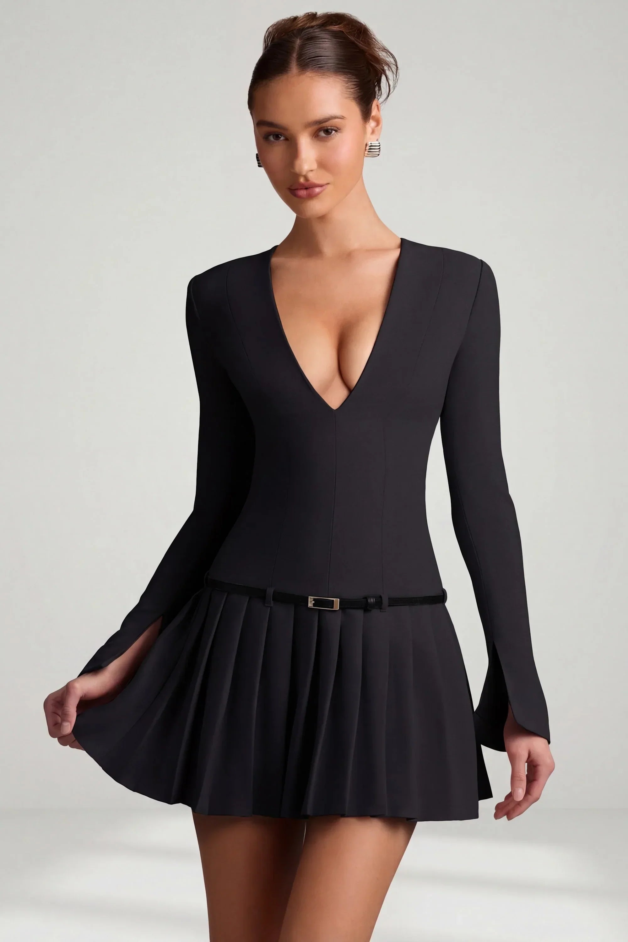 Long Sleeve Pleated Mini Dress in Black