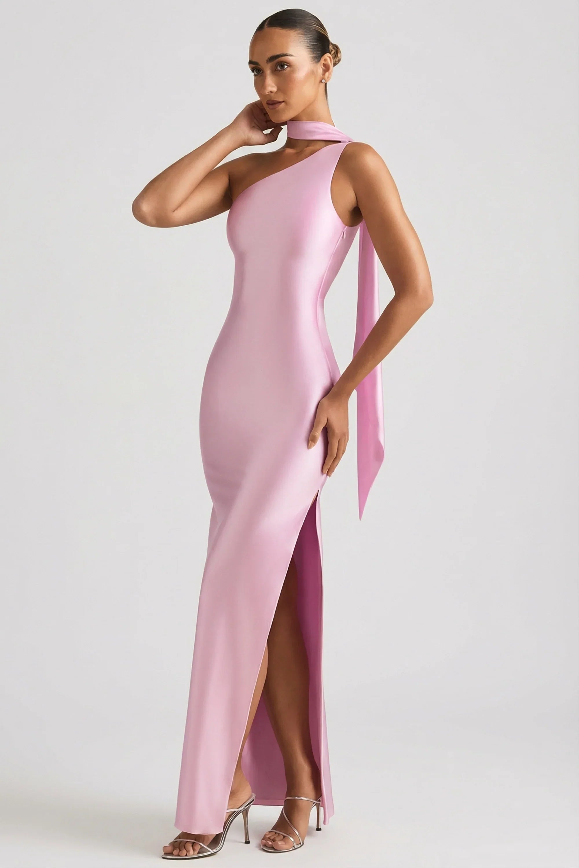 Asymmetric Scarf Detail Maxi Dress in Soft Pink