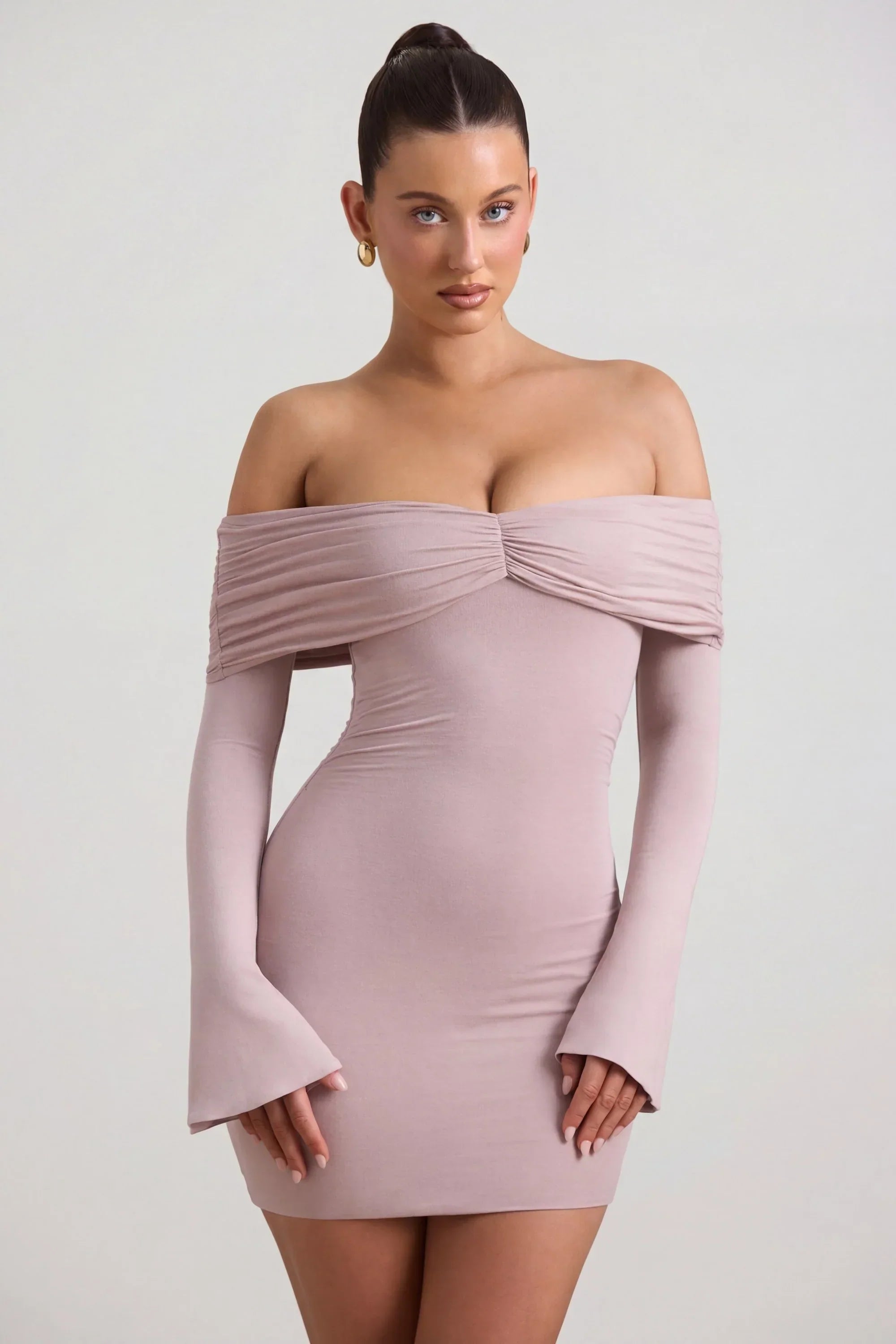Modal Cashmere Blend Off Shoulder Ruched Mini Dress in Taupe