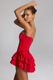 Ruffled Lace Up Corset Playsuit in Fire Red