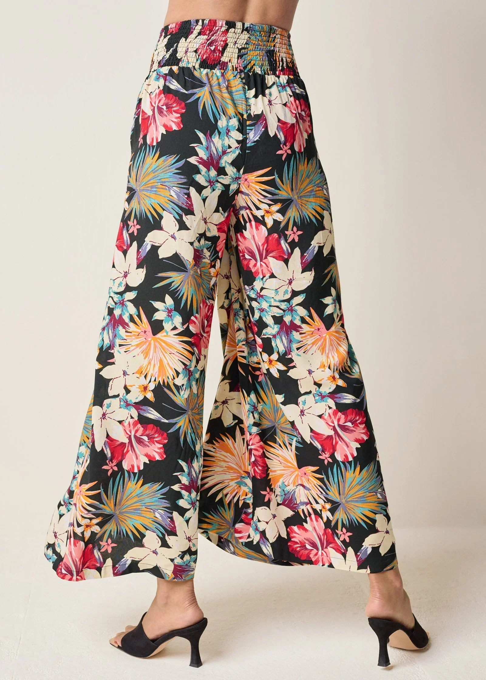 Smocked Waist Flared Pants Black Multi