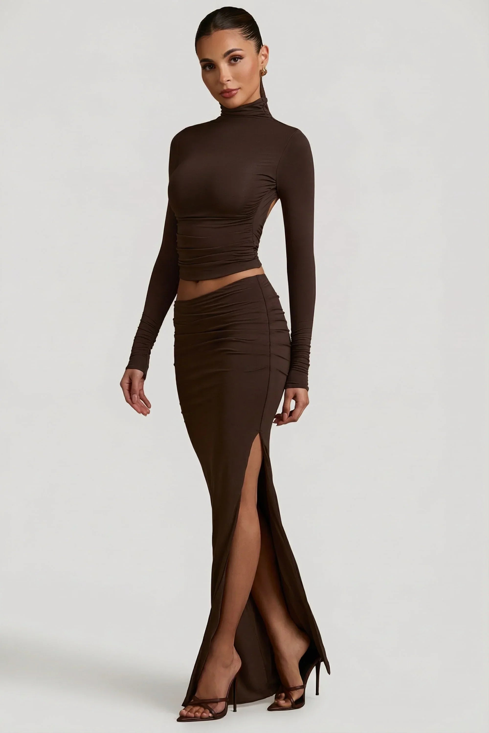 Modal Asymmetric Waist Maxi Skirt in Chocolate Brown