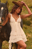 Lace Up Ruffled Tiered Mini Dress in Ivory