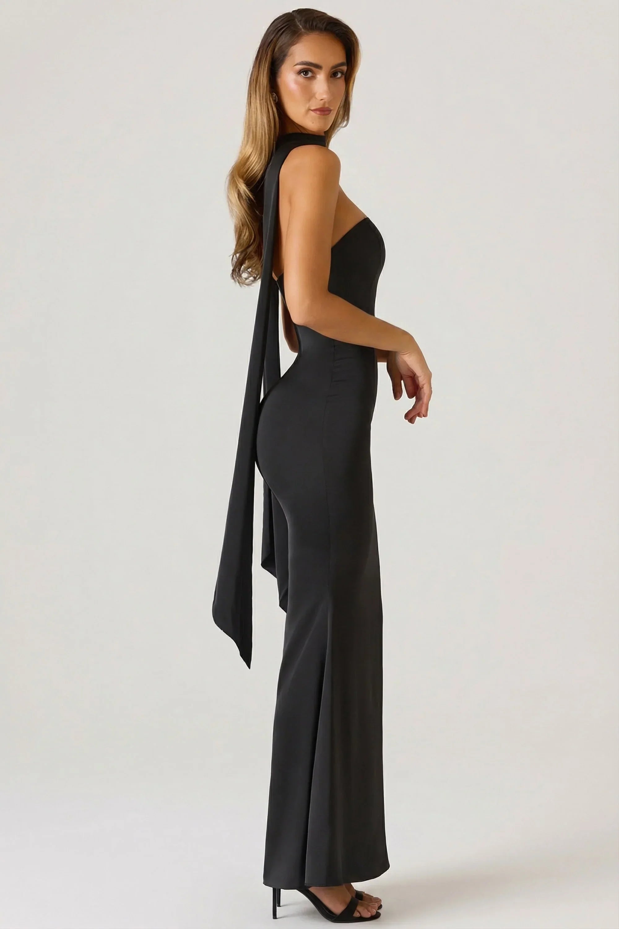 Scarf Detail Strapless Gown in Black