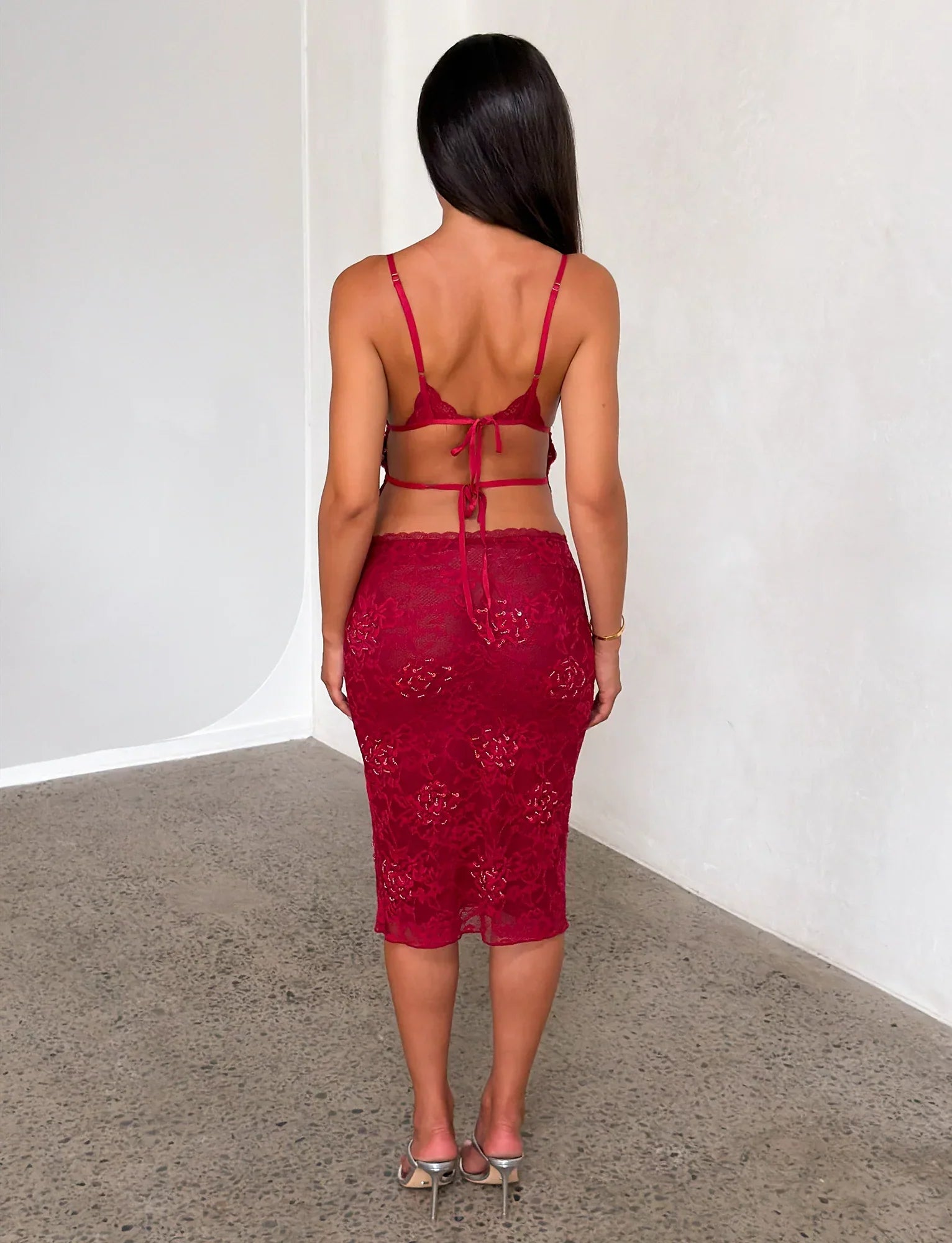 KIRRA BEADED SEQUIN LACE MIDI SKIRT RED