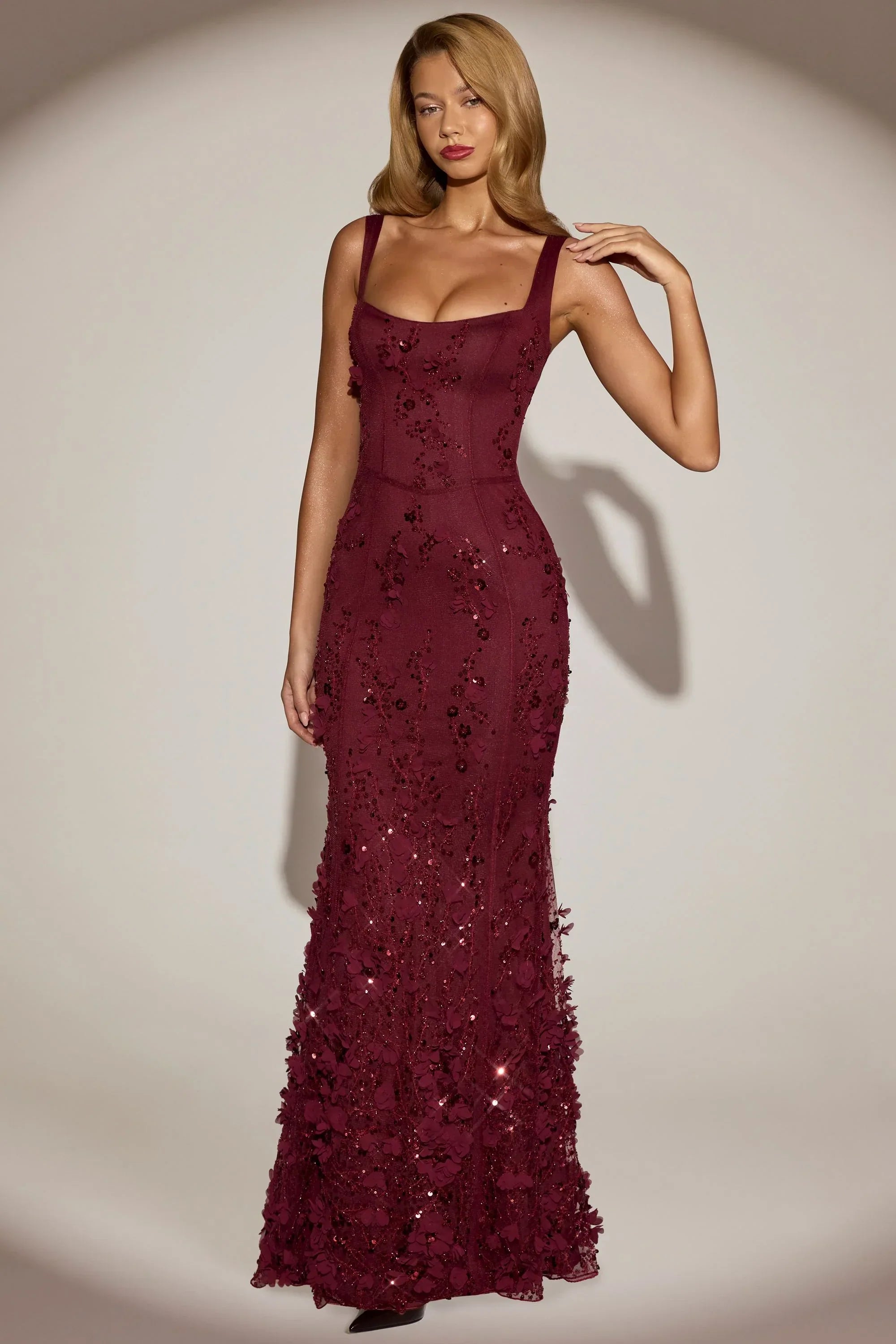 Embellished Appliqué Soft Scoop Corset Gown in Wine Red