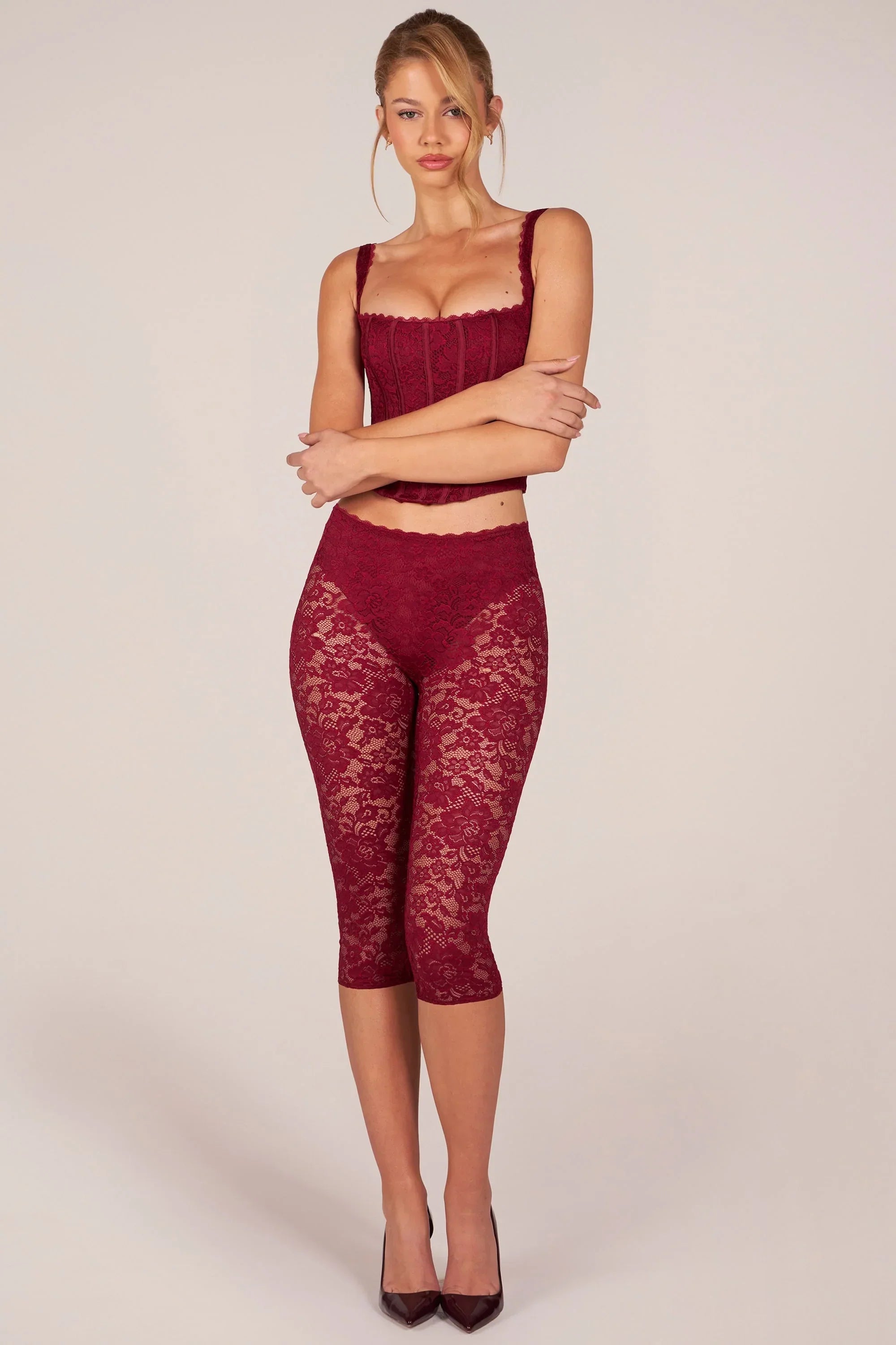Laced Capri Trousers in Cherry Red