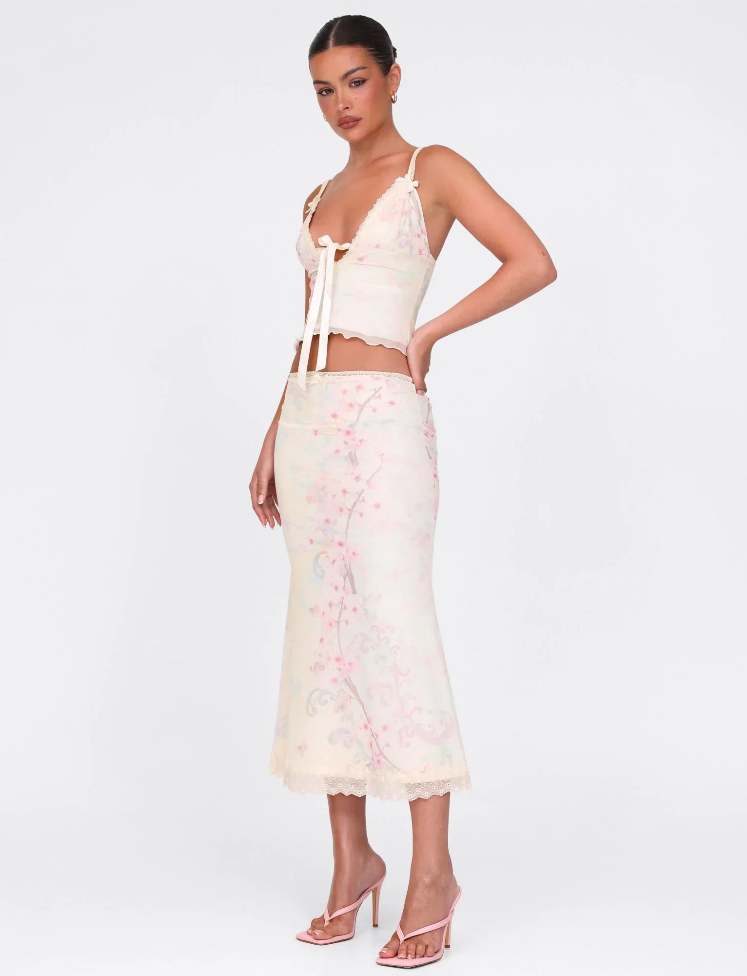 LONIE MIDI SKIRT NEUTRAL FLORAL WASHED CHERRY BLOSSOM