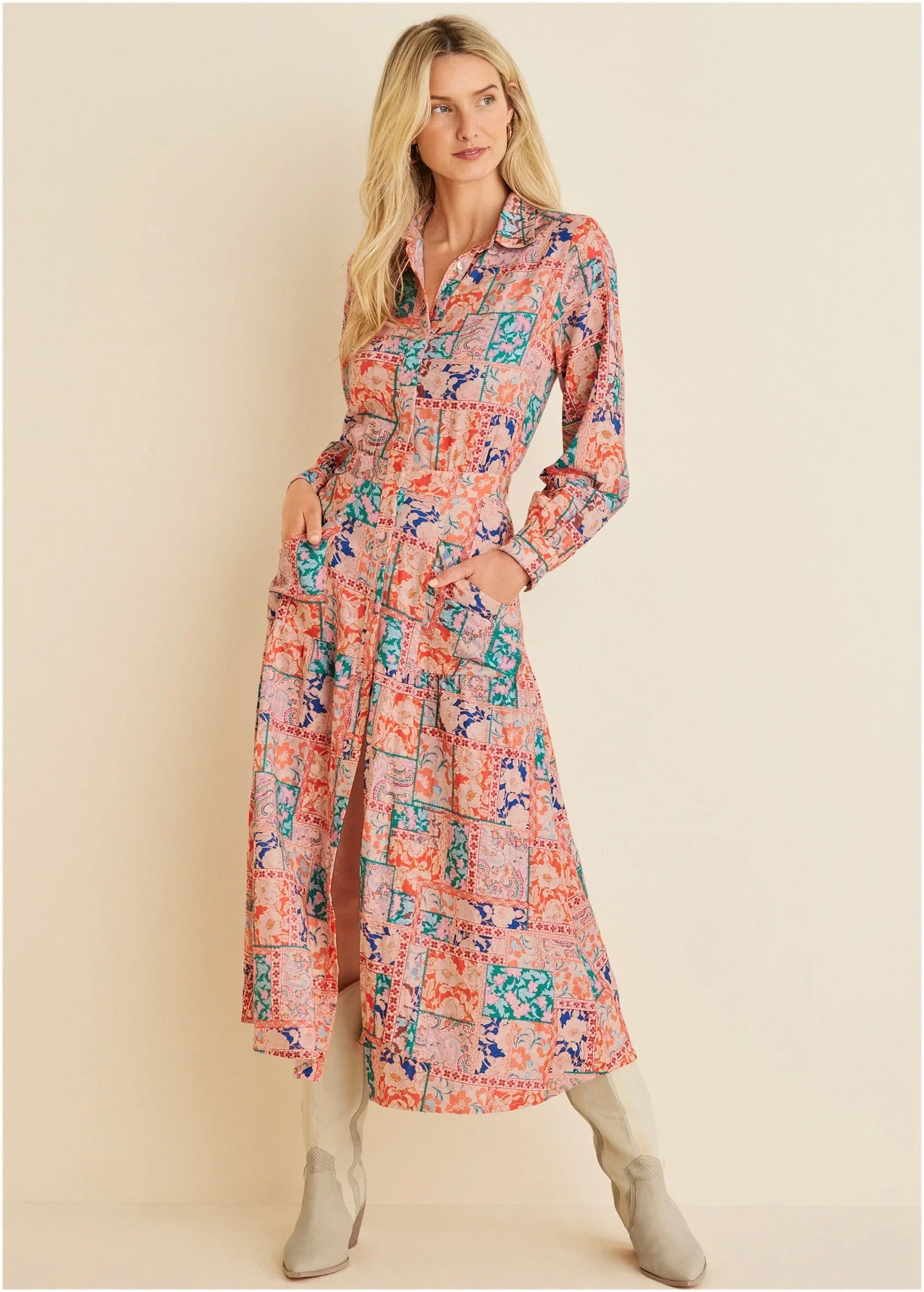 Cotton Linen Shirt Midi Dress Venetian Patchwork