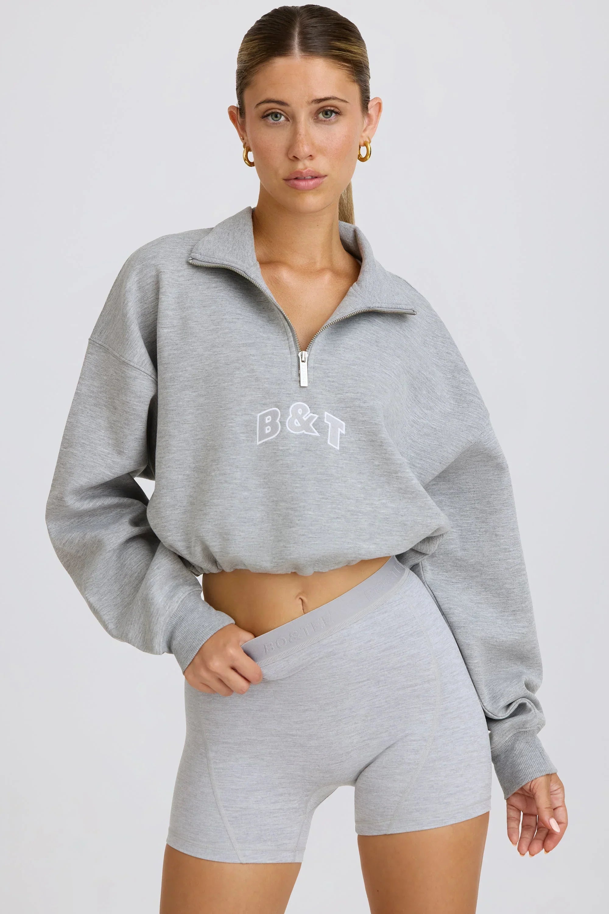 Quarter Zip Cropped Sweatshirt in Grey Marl