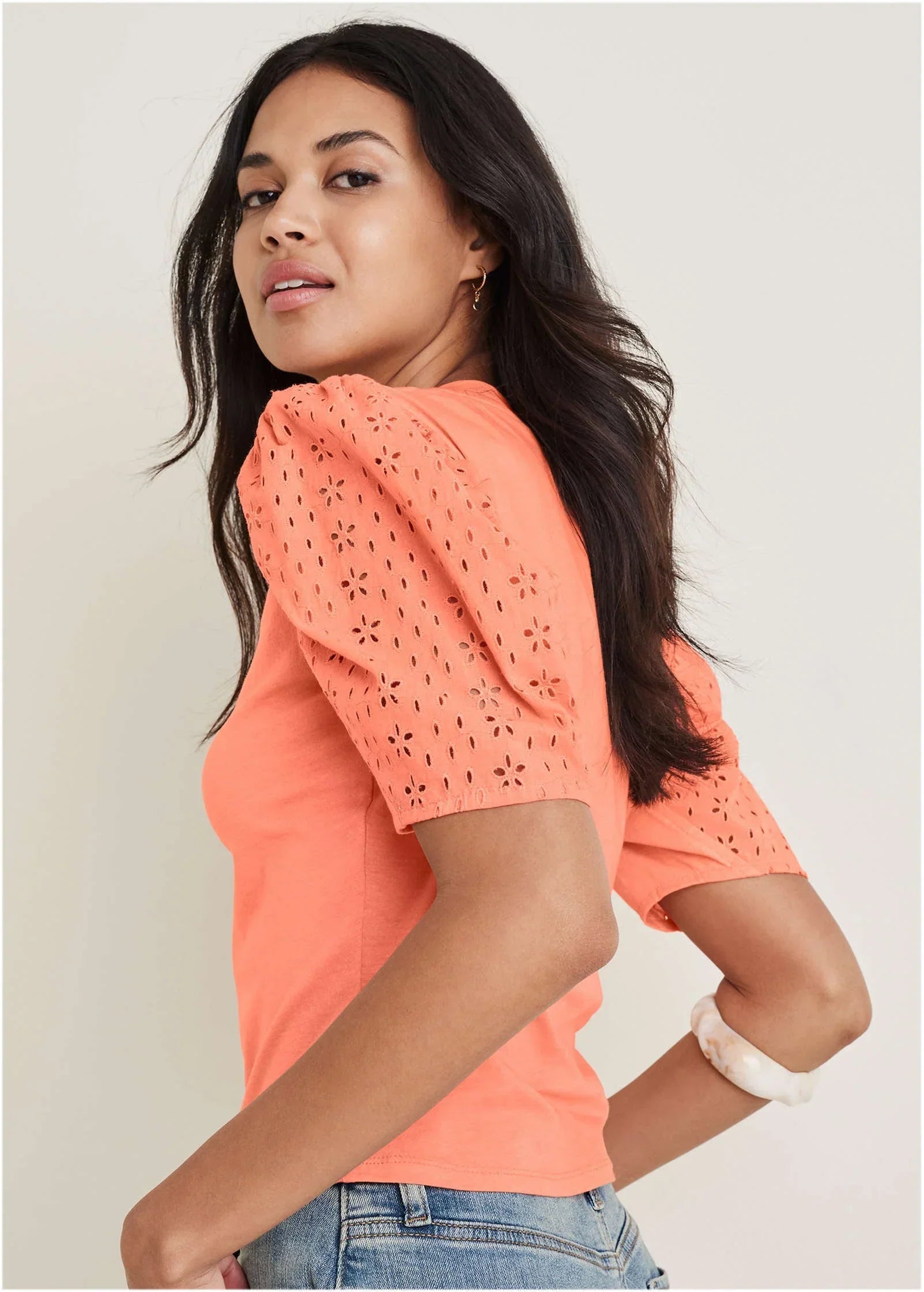 Eyelet Puff Sleeve Top Burnt Coral