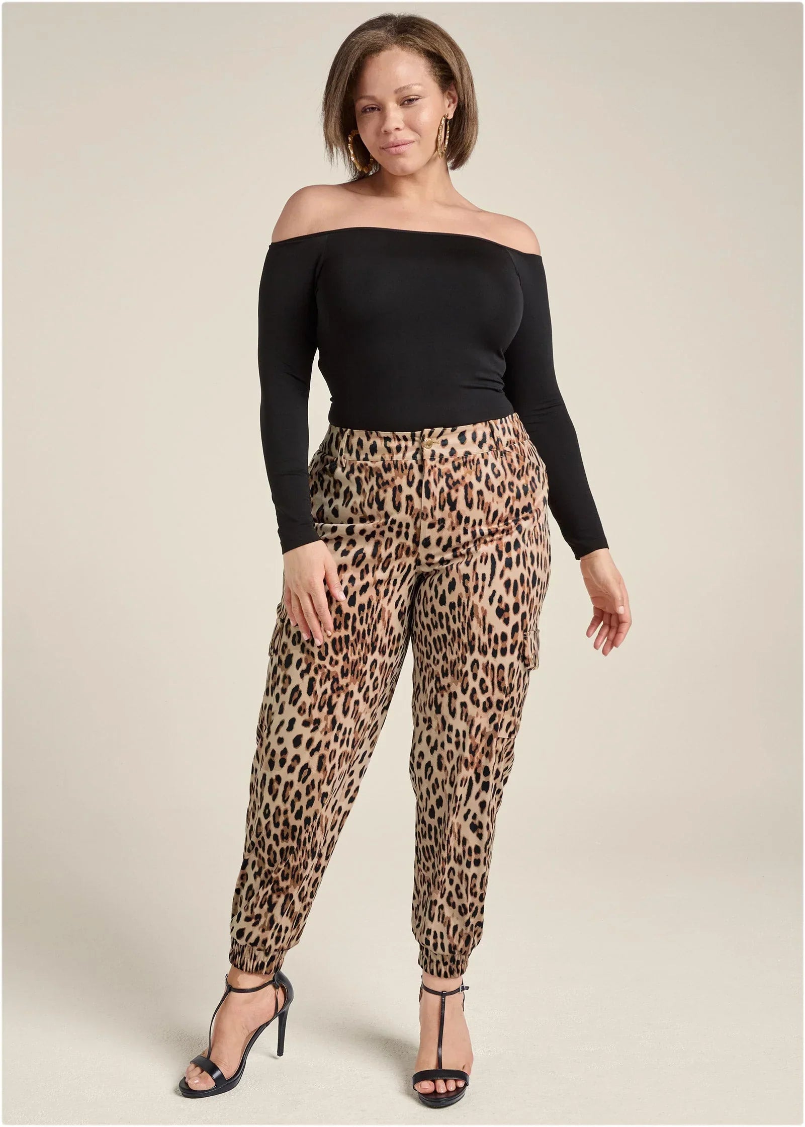 Faux Suede Leopard Print Cargo Pants Brown Multi