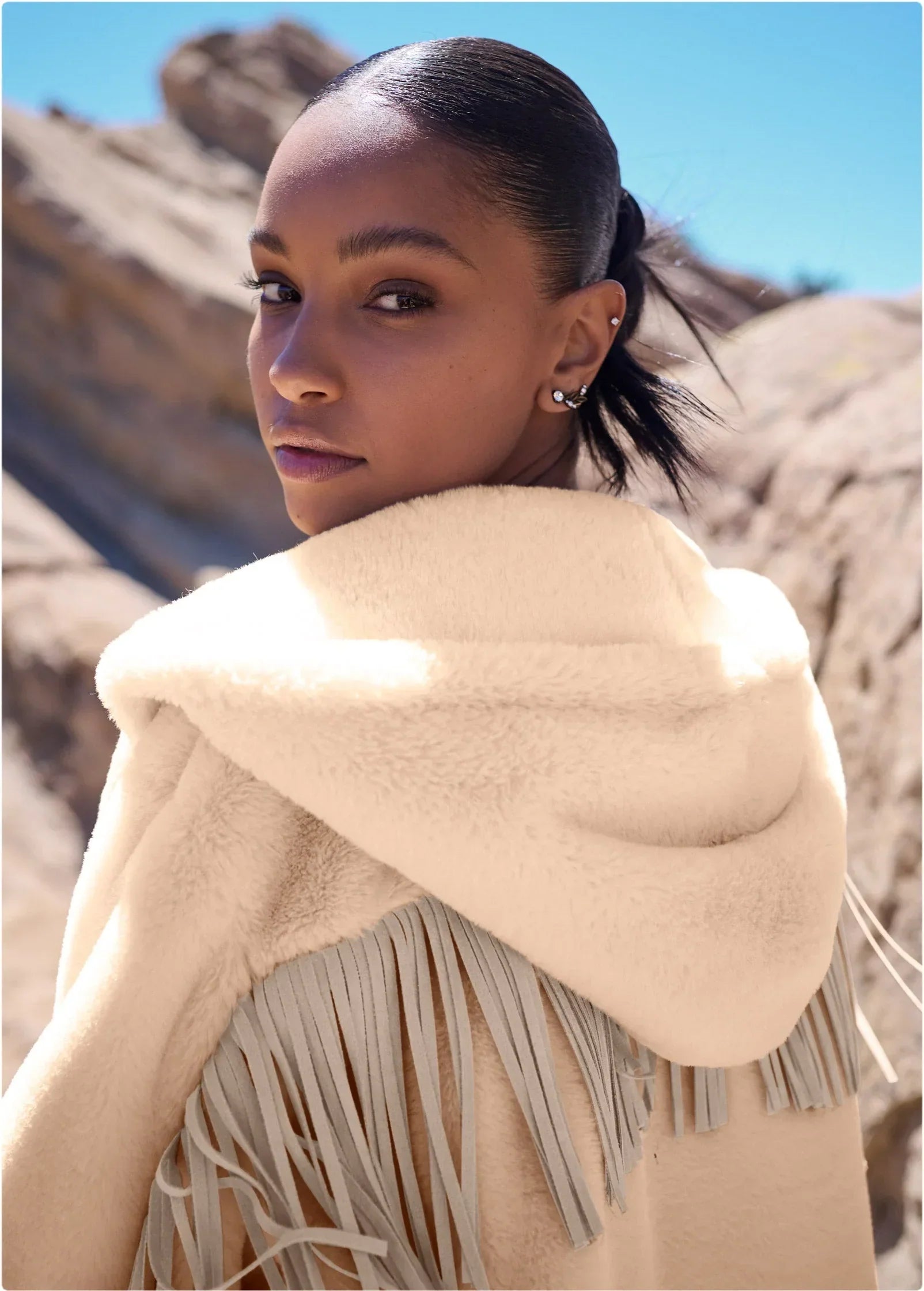 Faux Fur Bomber Jacket With Fringe Detail White