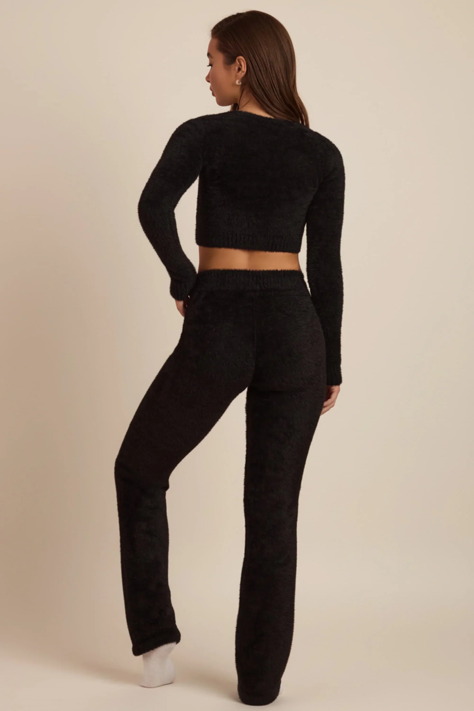 Fluffy Knit Wide Leg Trousers in Black