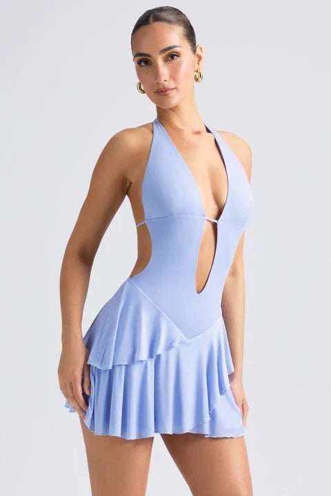 Ruffled Cut Out Halterneck Mini Dress in Periwinkle Blue