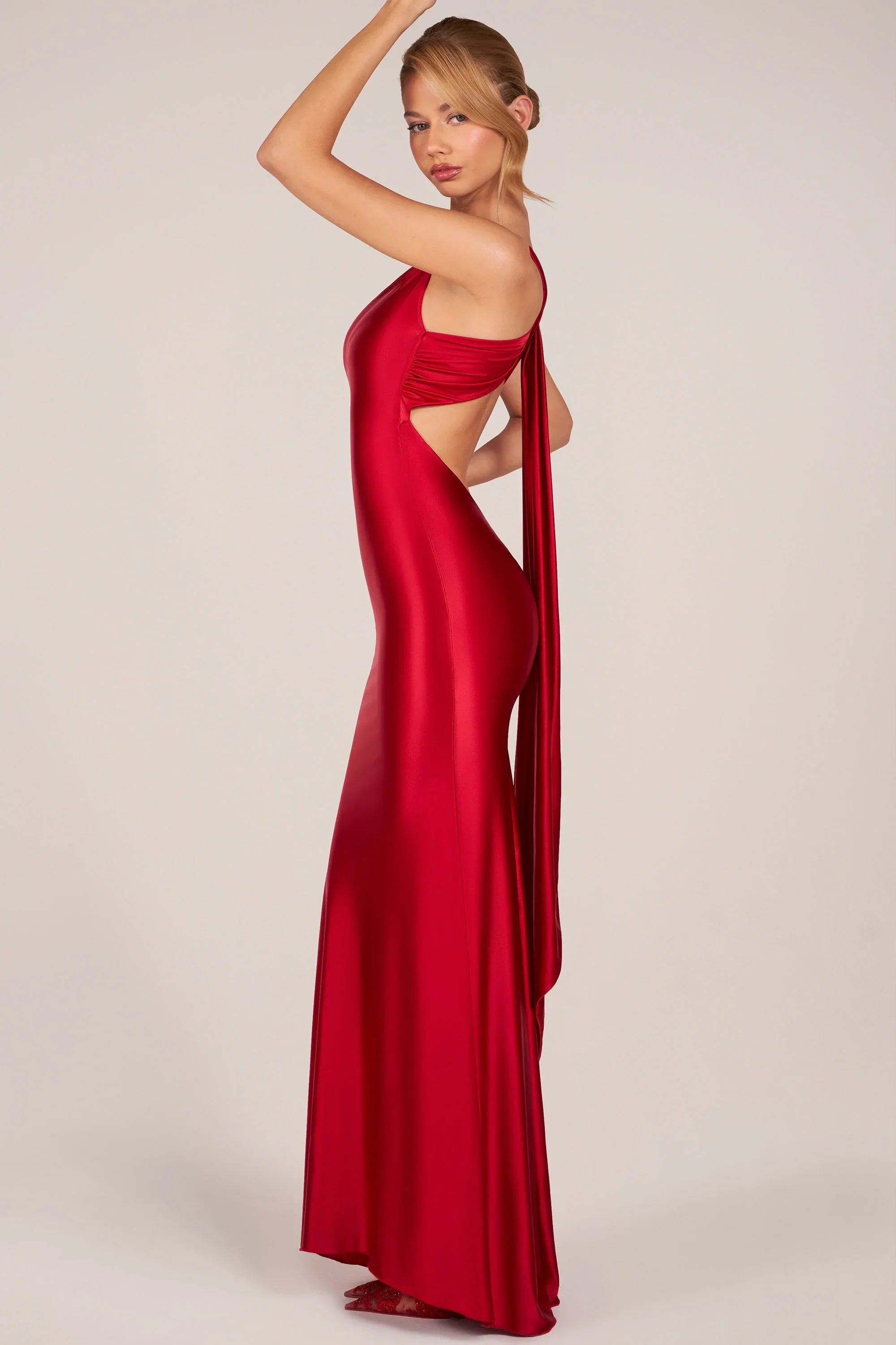 Asymmetric Tie Back Gown in Cherry