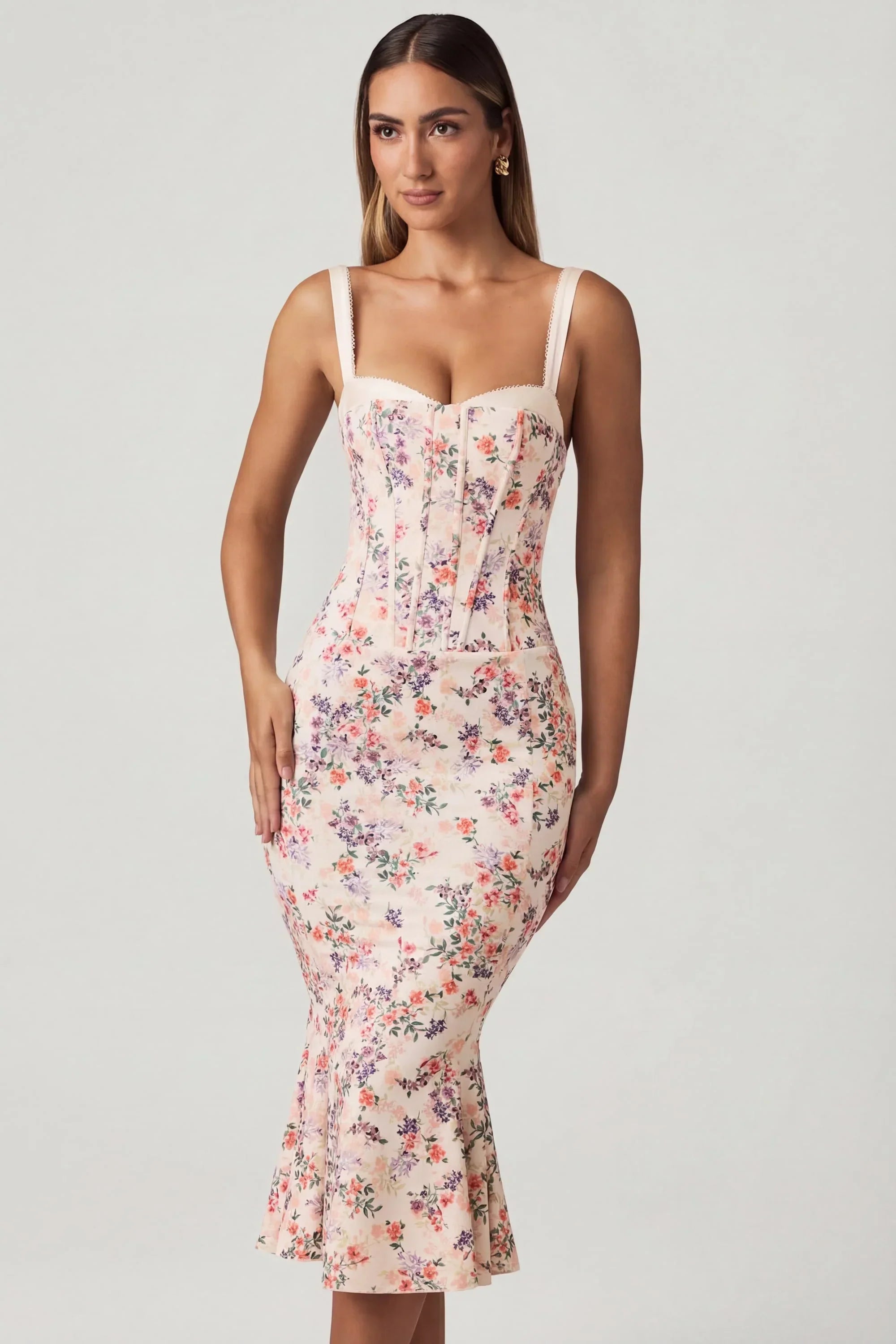 Layered Bra Detail Fishtail Midaxi Dress in Primrose Floral Print
