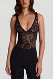 Sheer Lace Scalloped Plunge Neck Bodysuit in Black