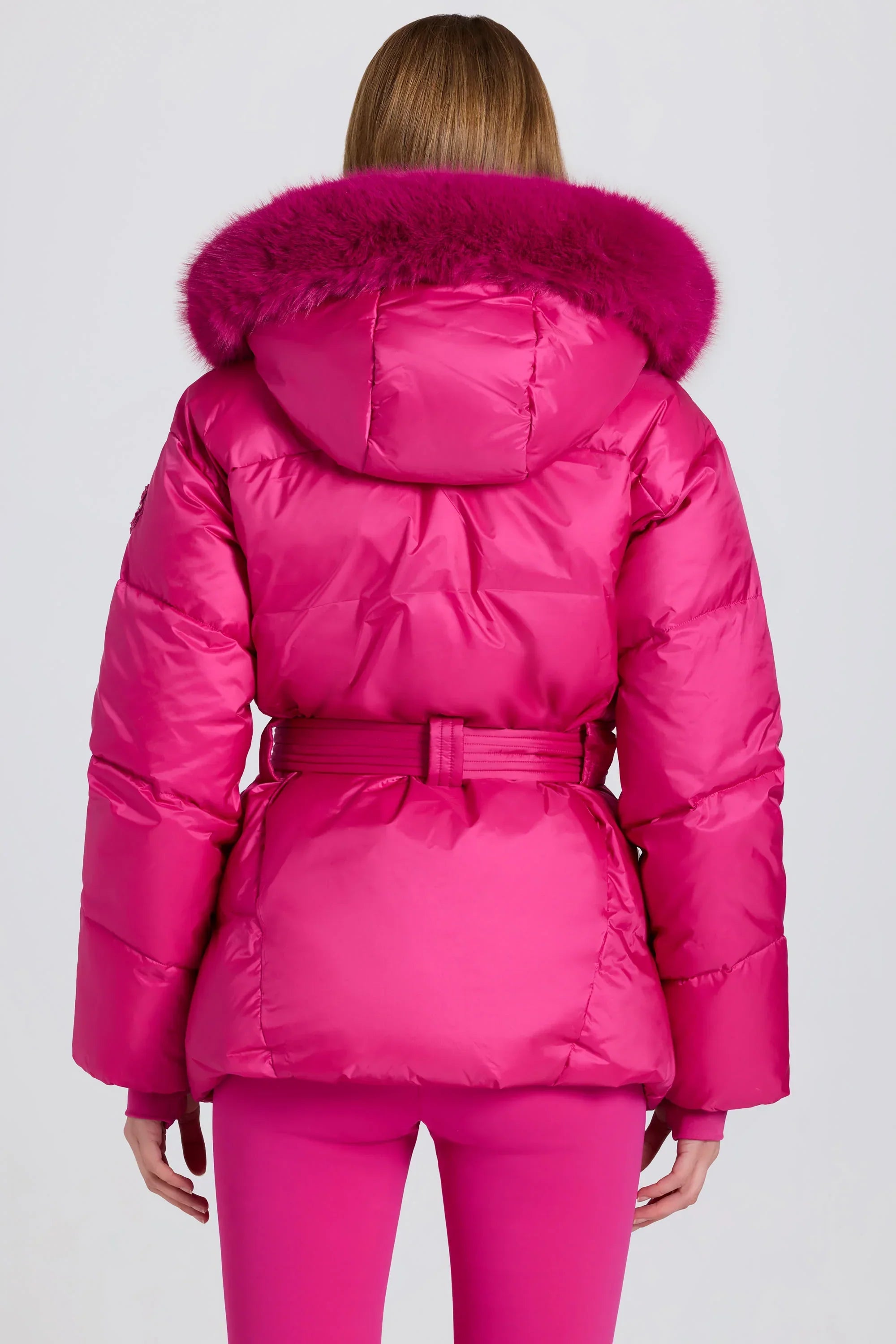Waterproof Faux Fur Hood Ski Jacket in Magenta Pink