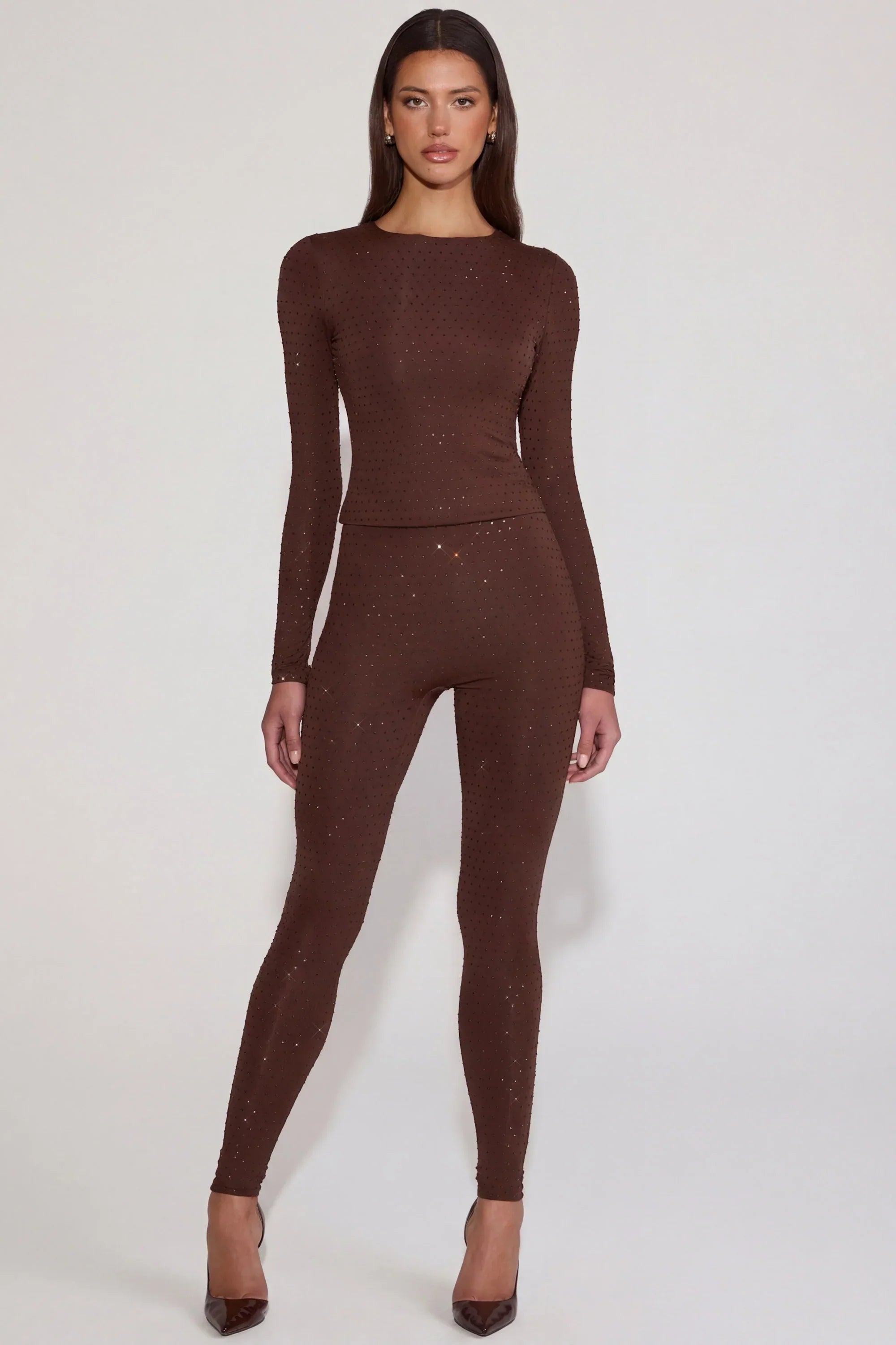 Embellished Jersey High Waisted Leggings in Chocolate Brown
