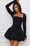 Long Sleeve Bubble Hem Mini Dress in Black
