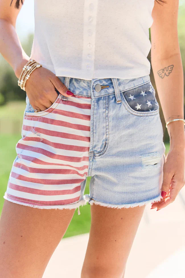 Americana Light Wash Distressed Denim Shorts