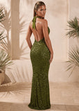 All The Right Reasons Sequin Backless Maxi Dress Olive Green