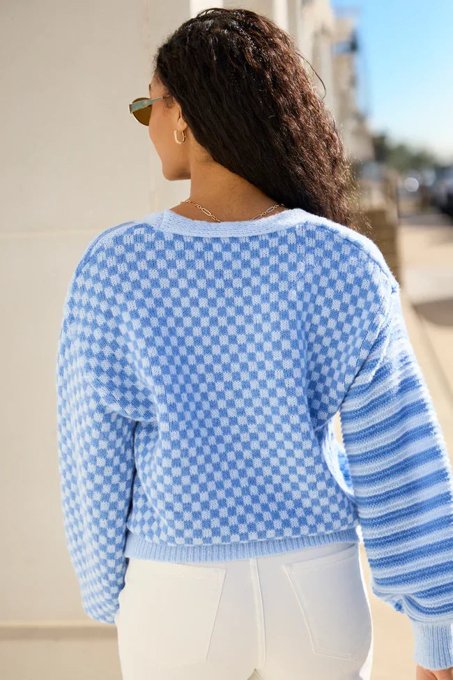 Samara Checkered And Stripes Blue Cardigan SALE