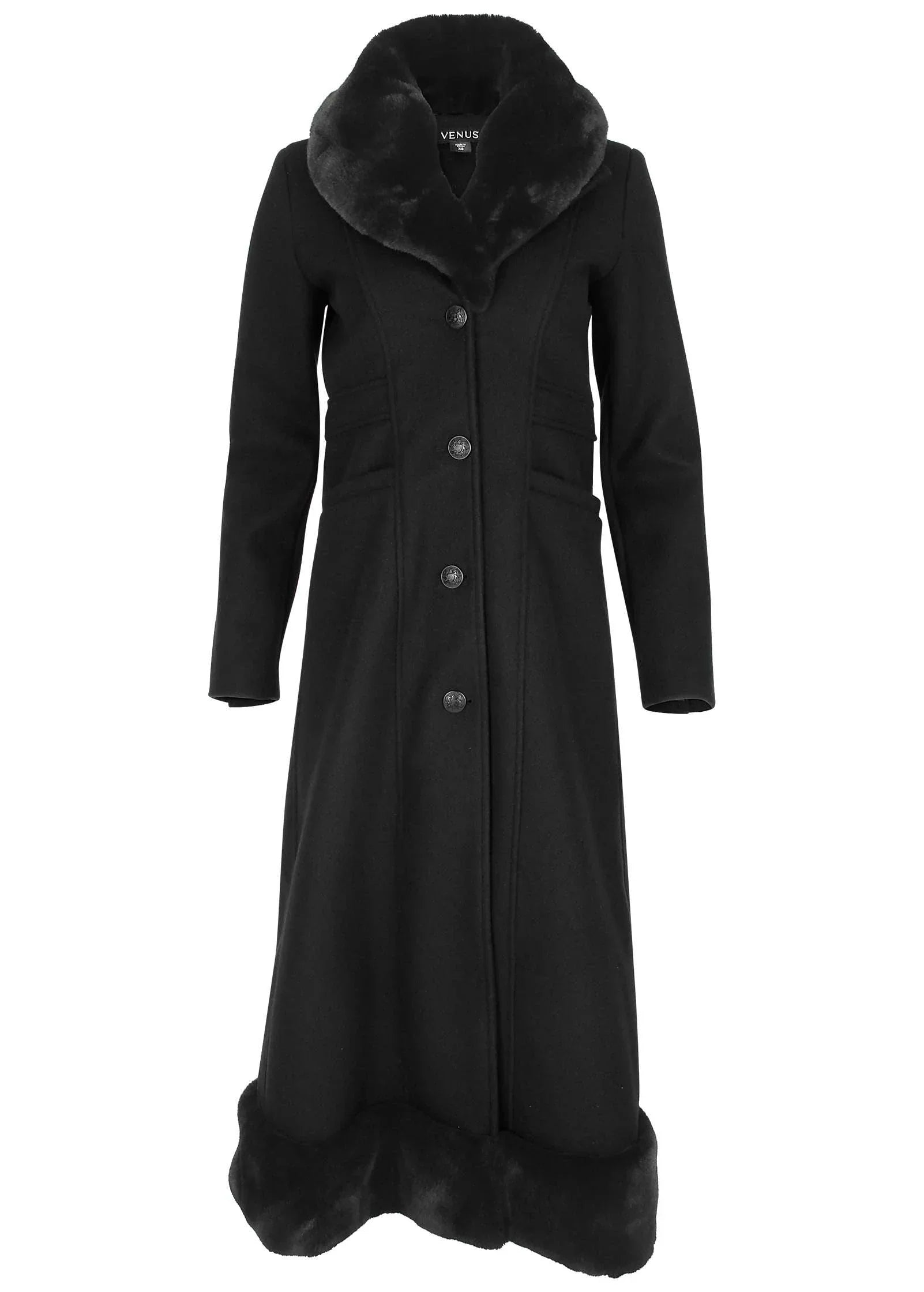 Faux Fur Trim Long Coat Jet Black