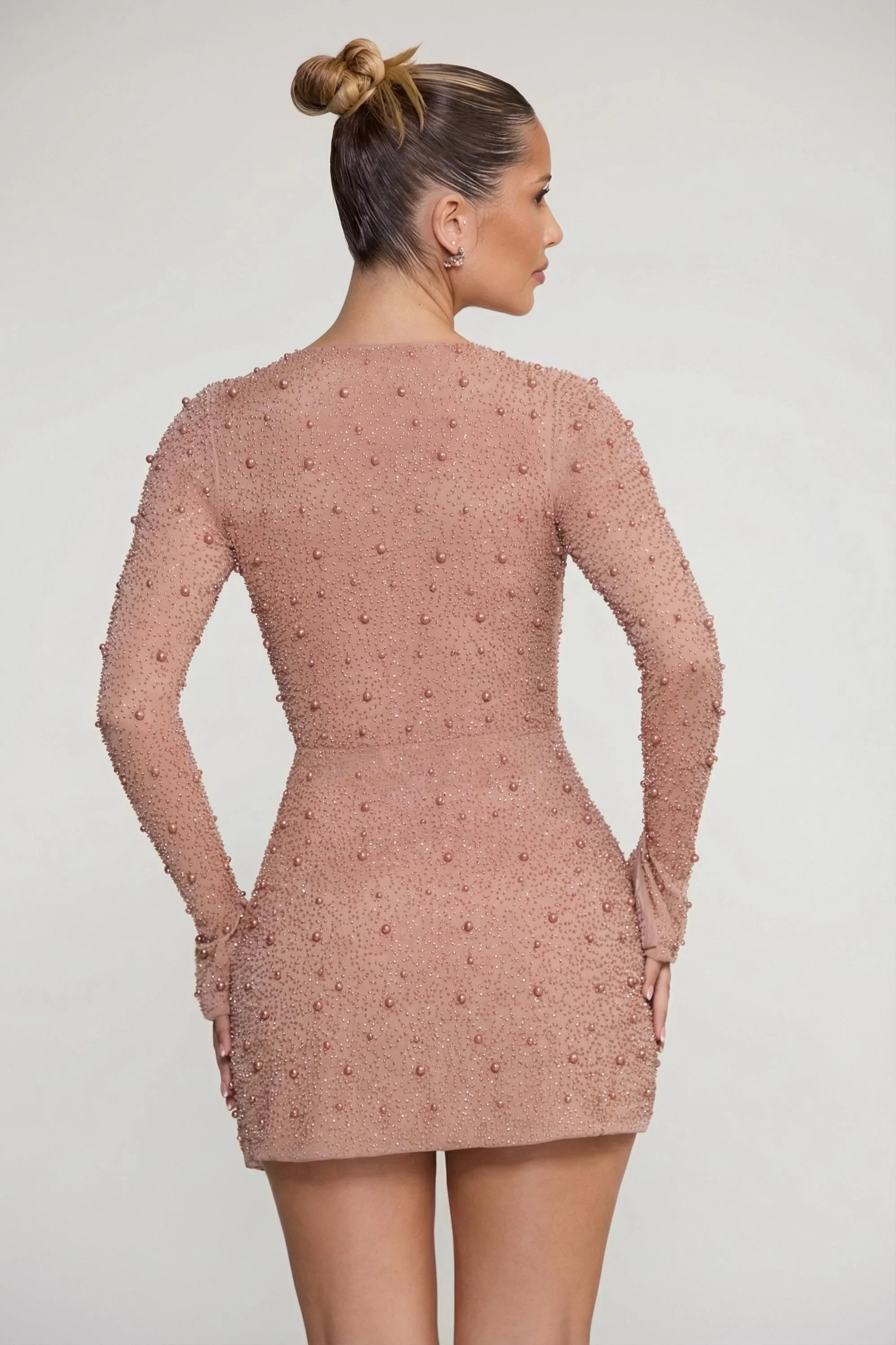 Embellished Wrap Over A Line Mini Dress in Beige
