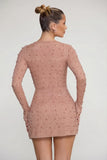 Embellished Wrap Over A Line Mini Dress in Beige