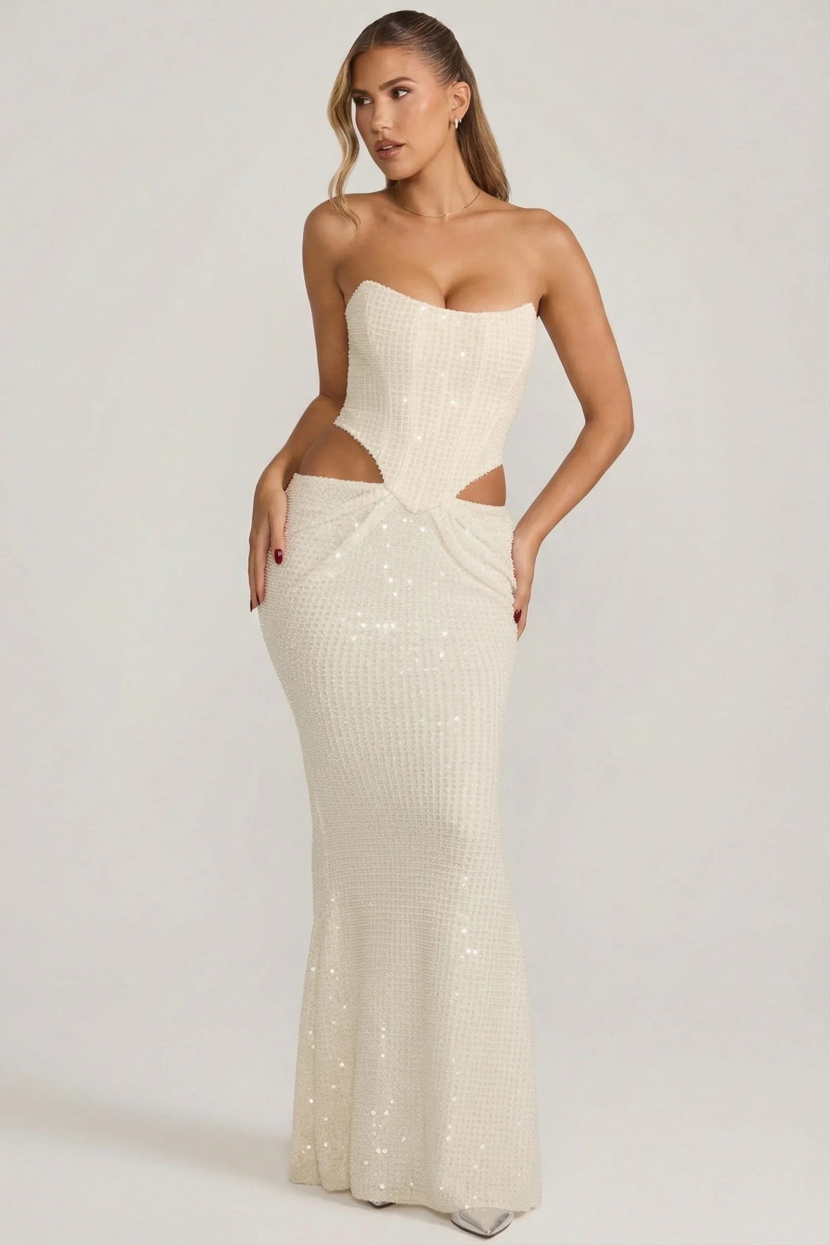 Embellished Cut Out Draped Corset Gown in White