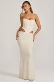 Embellished Cut Out Draped Corset Gown in White