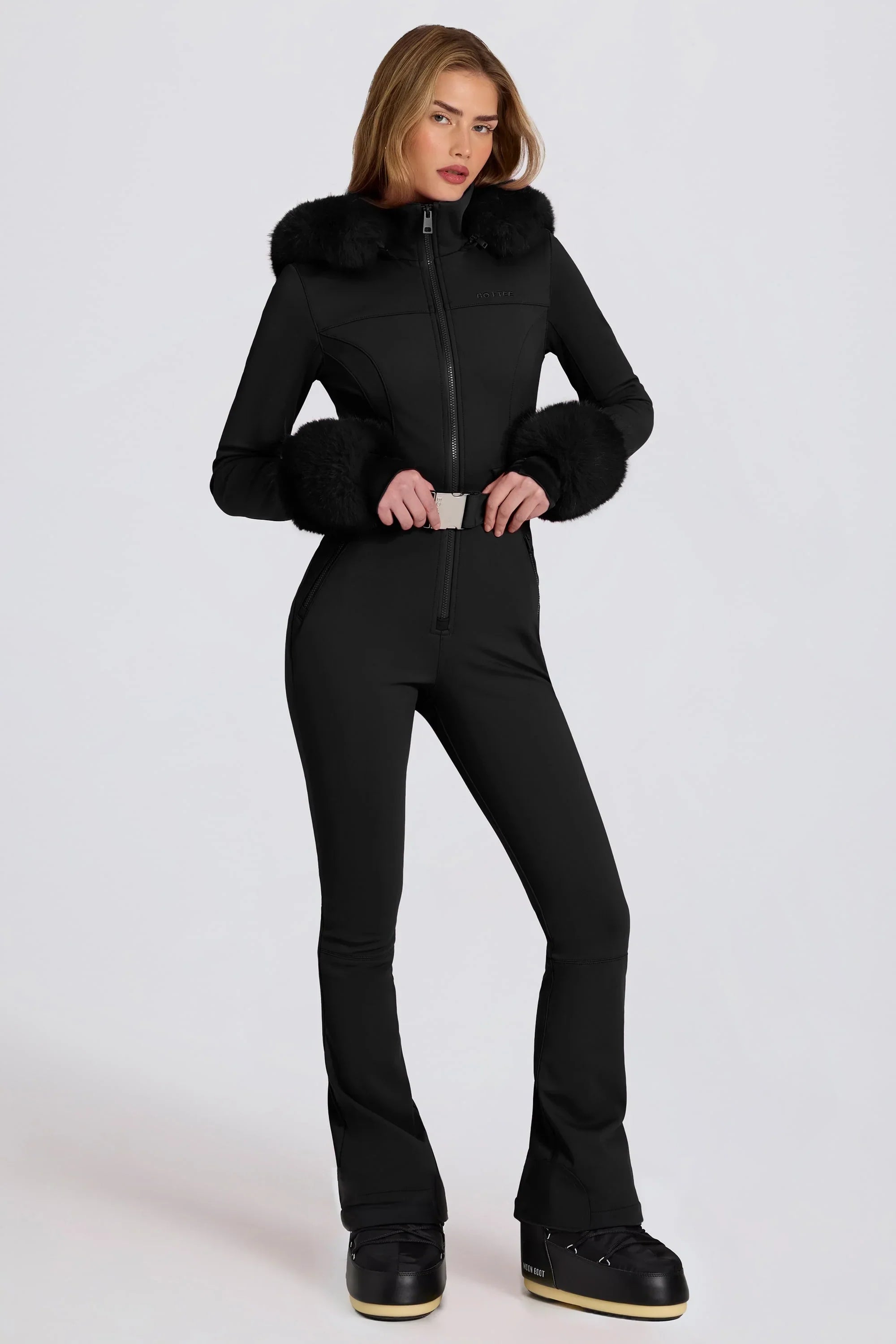 Waterproof Faux Fur Hood Fitted Ski Suit in Black