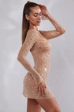 Sheer Embellished Long Sleeve A Line Mini Dress in Almond