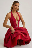 Halterneck Bow Detail Midi Dress in True Red