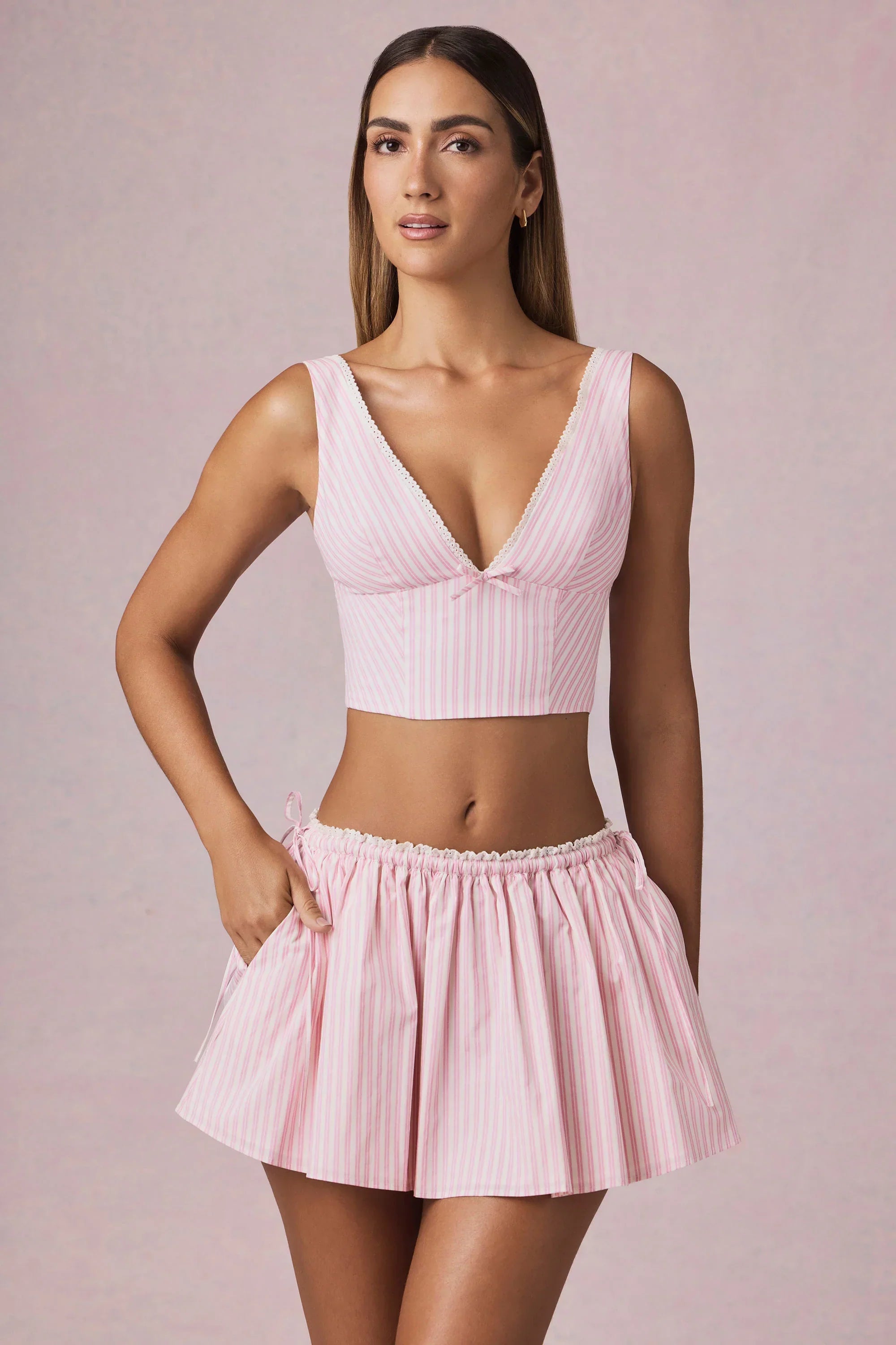 Ruched Drawstring Mini Skirt in Soft Mauve Stripe