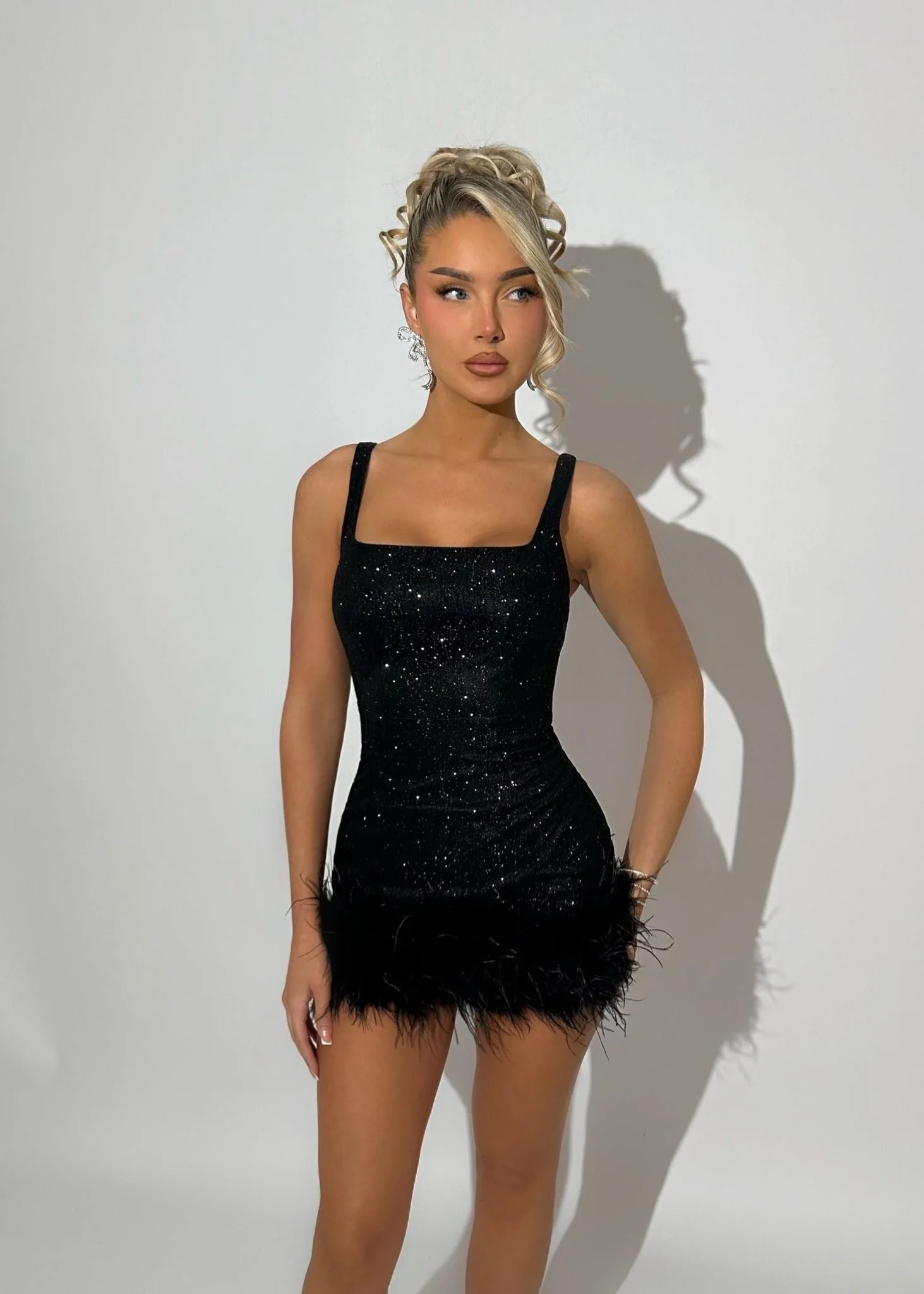 Glitz and Glamour Feather Detail Mini Dress Black