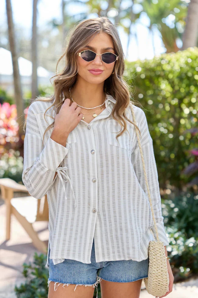 Cruel Summer Tan and Ivory Striped Gauze Button Down Top