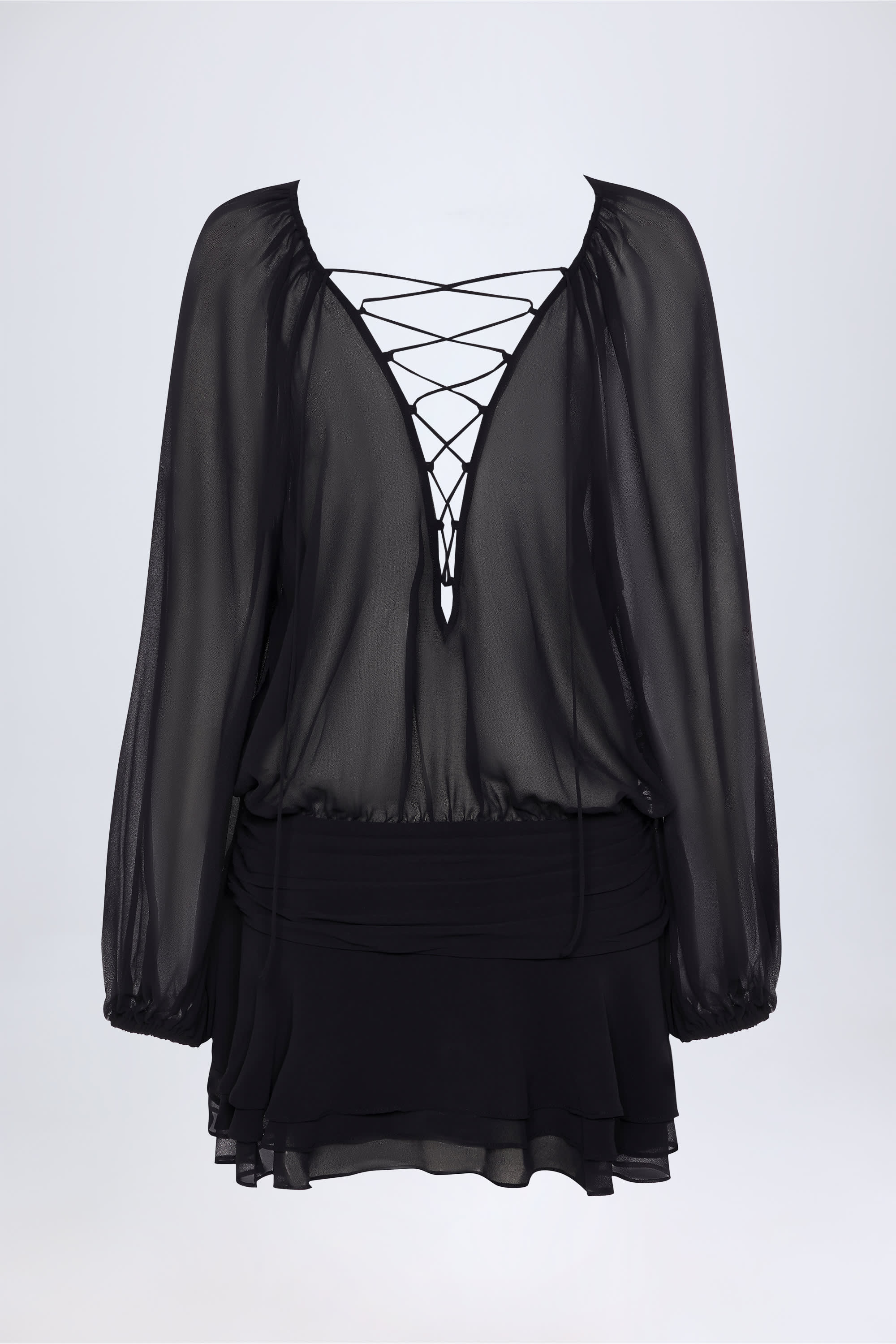 Lace Up Balloon Sleeve Mini Dress in Black