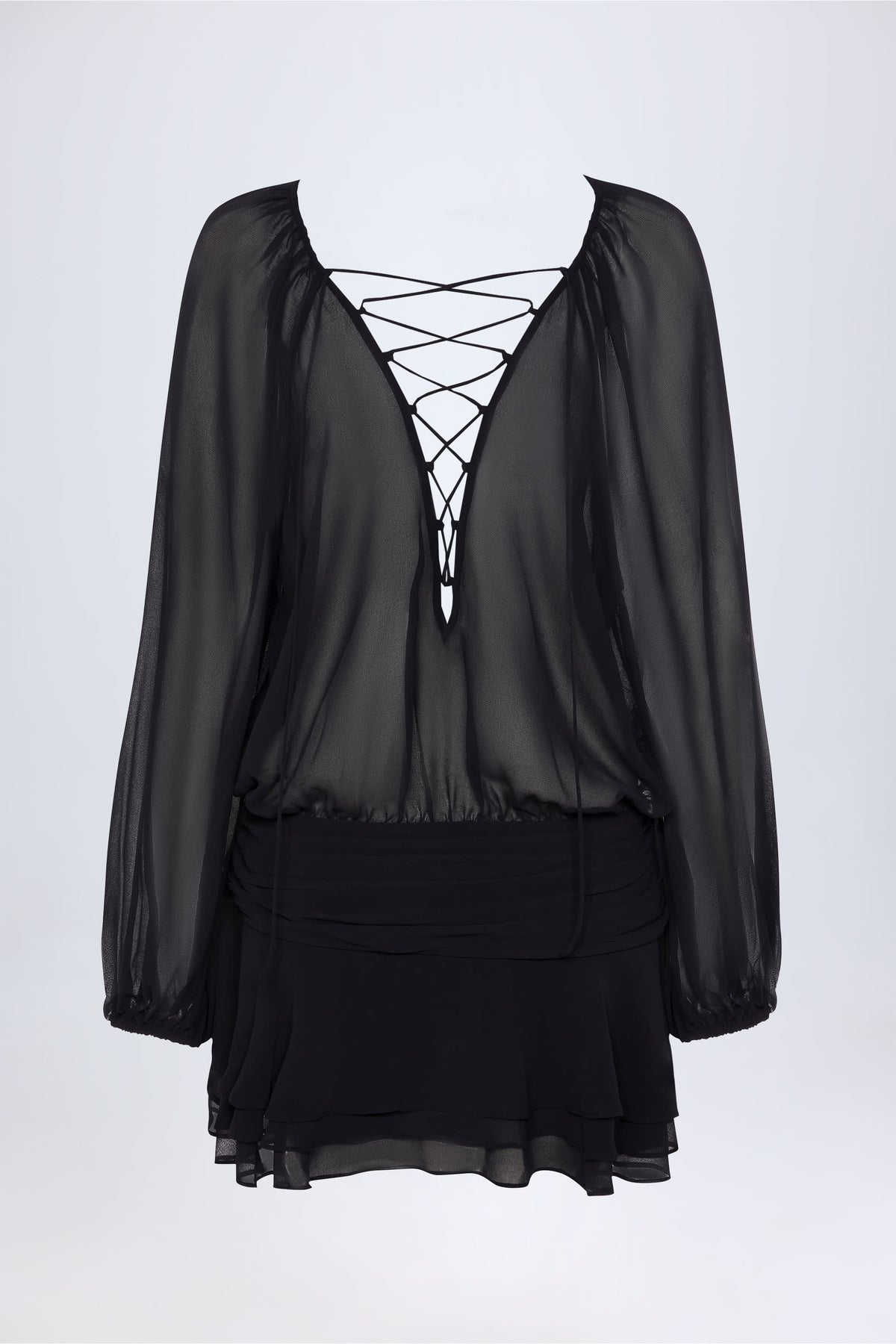 Lace Up Balloon Sleeve Mini Dress in Black