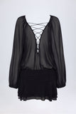 Lace Up Balloon Sleeve Mini Dress in Black