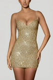 Embellished Sweetheart Neck Mini Dress in Gold