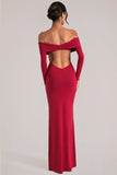 Off Shoulder Long Sleeve Maxi Dress in Cherry Red