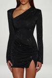 Embellished Asymmetric Bodycon Mini Dress in Black