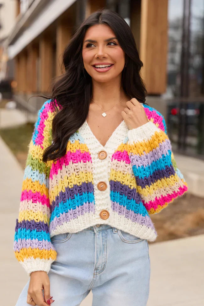 Colleen Multi Stripe Cropped Chunky Cardigan