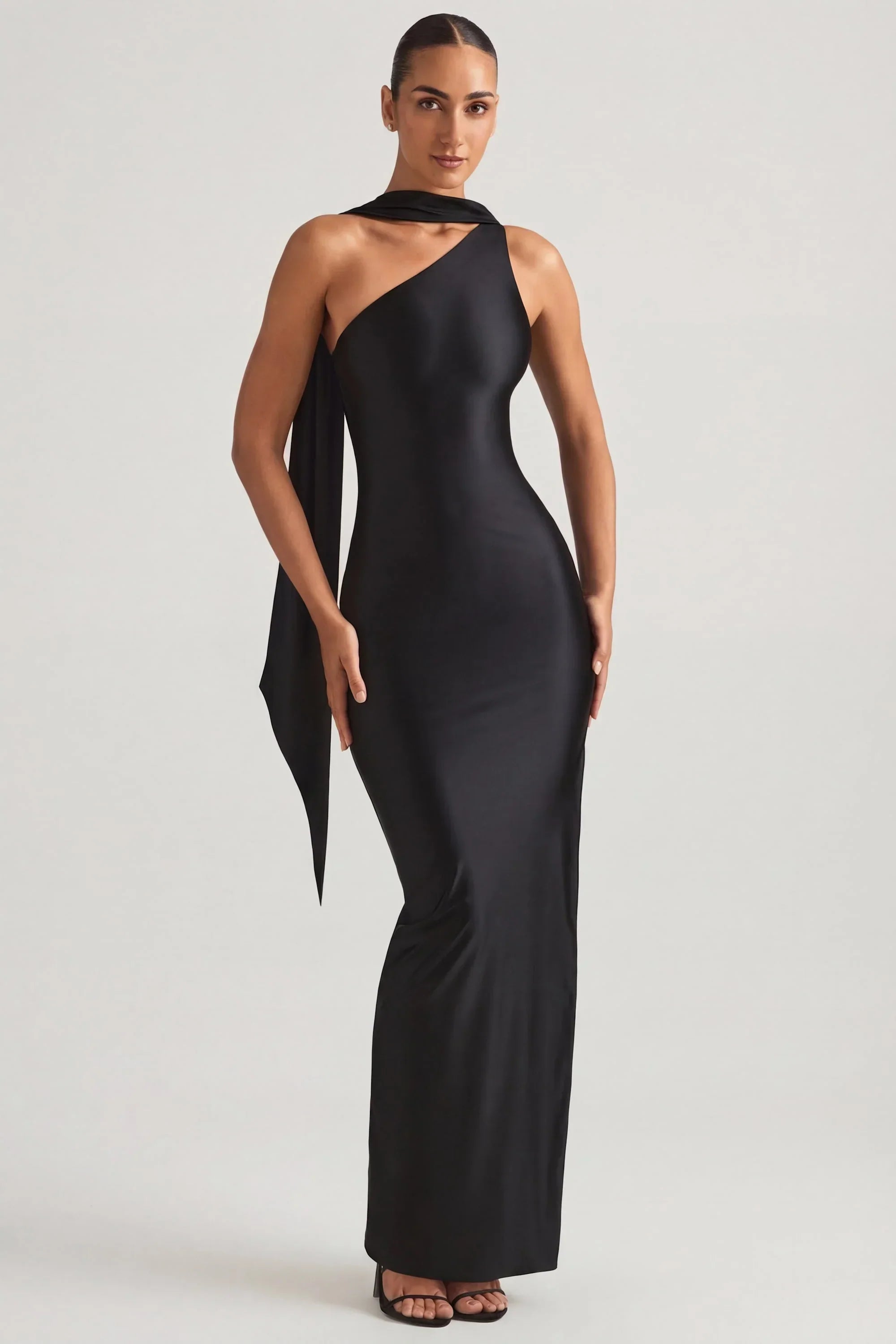 Asymmetric Scarf Detail Maxi Dress in Black